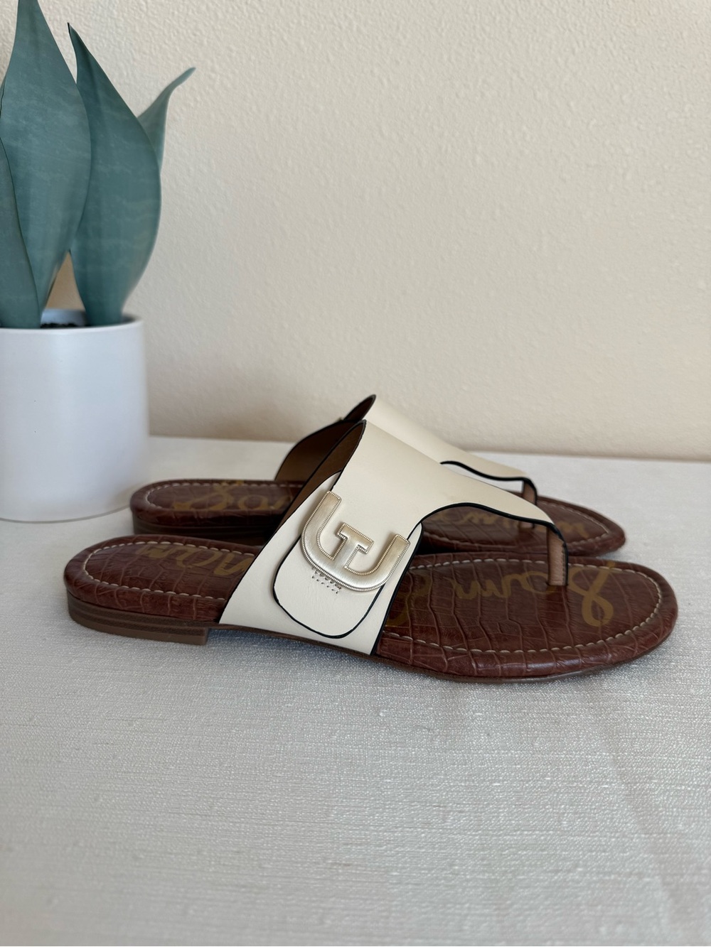 New Sam Edelman Barry Ivory Leather Slide Sandals with Silver Buckle Accent
